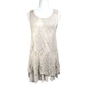 Scandal Made in Italy Greige Crochet Lace Tiered Overlay Sleeveless Dress